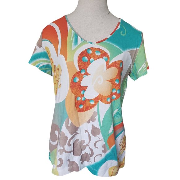 CT704 Chico's Additions Floral Short Sleeve V-neck Top M - Picture 2 of 5